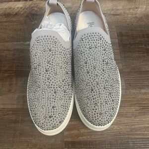 Silver and White Crystal Embellished Slip-On Sneakers